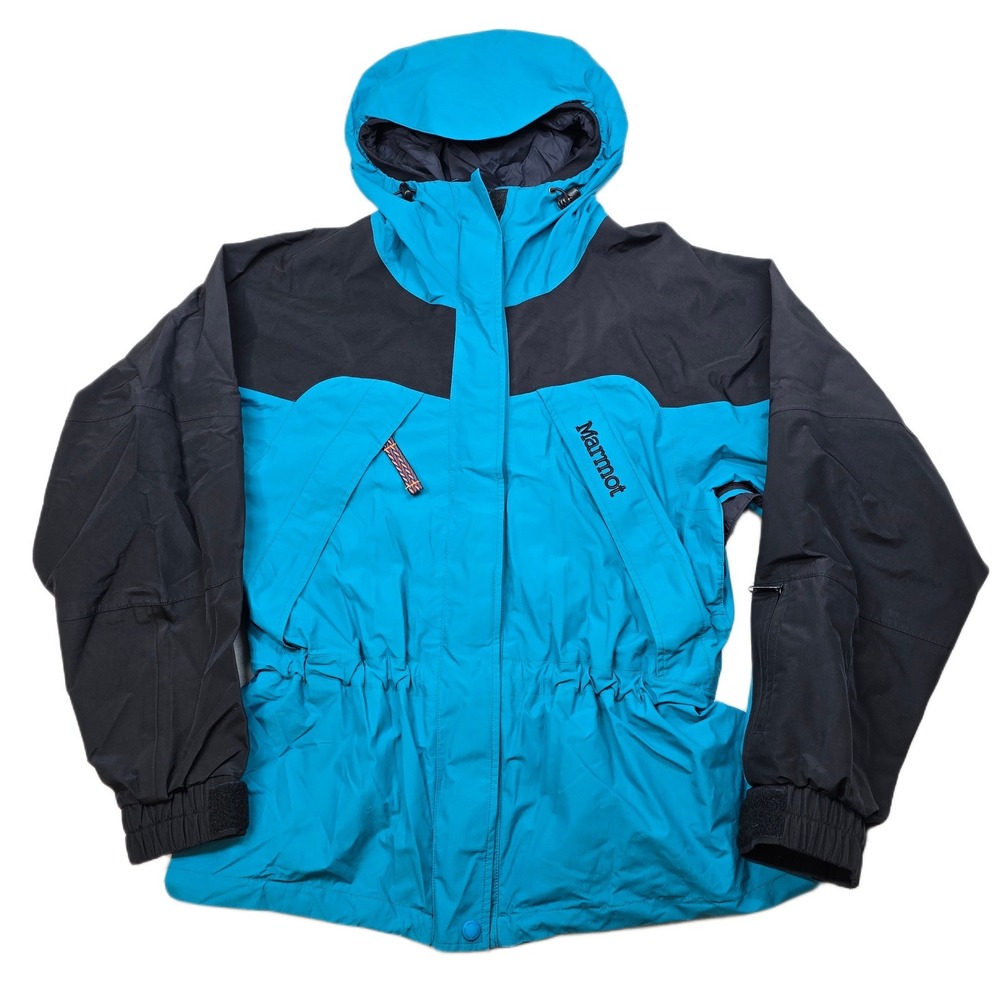 VTG Marmot Ski Jacket Womens Large Teal Black Hooded Zip Waterproof Outerwear